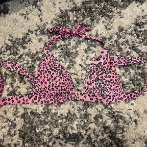 VICTORIA'S SECRET Pink & Black Leopard Halter Bikini Top Padded Medium M Swim